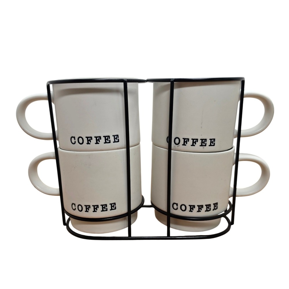 Nicole Miller New York Set of 4 "COFFEE" Stackable Mugs with Black Metal Rack
